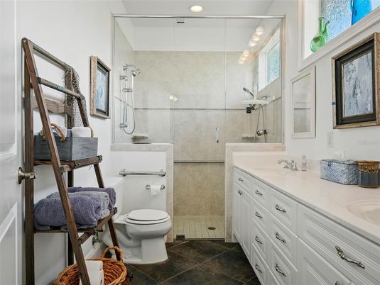 Bathroom, Dual Sink Vanities, Glass Shower, Interior, Recessed Lighting