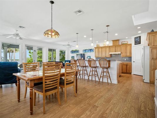 Dining room, Interior, Kitchen, Pendant Lights, Recessed Lighting, Wood Texture Flooring