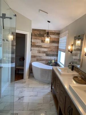 Bathroom, Dual Sink Vanities, Free Standing Baths, Glass Shower, Interior, Marble, Pendant Lights, Wooden Walls
