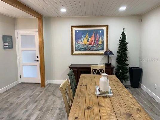 Dining room, Interior, Recessed Lighting, Wood Texture Flooring