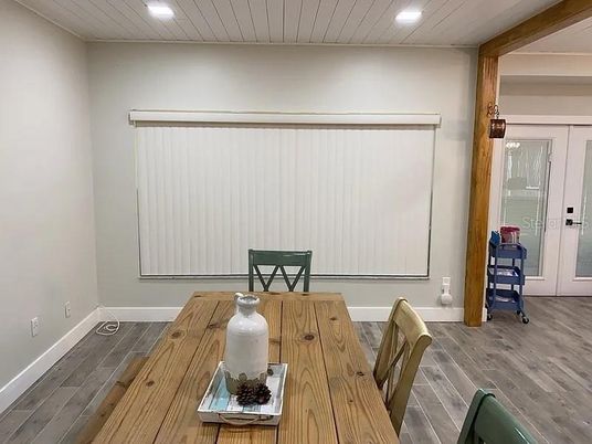 Dining room, Interior, Recessed Lighting, Wood Texture Flooring