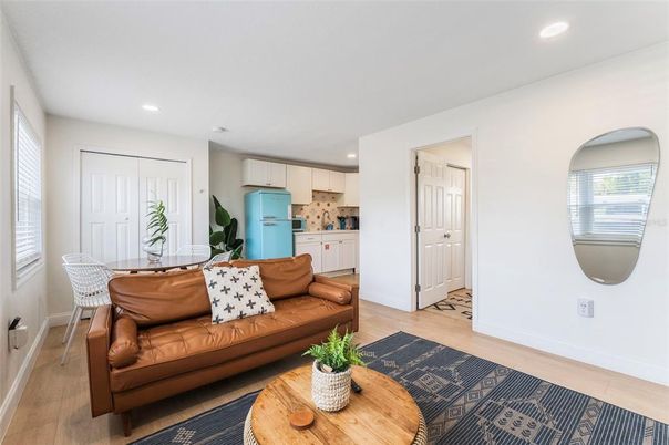 Interior, Kitchen, Living room, Recessed Lighting, Wood Texture Flooring