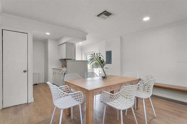 Dining room, Interior, Kitchen, Recessed Lighting, Wood Texture Flooring