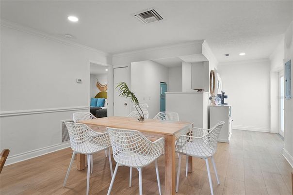 Dining room, Interior, Recessed Lighting, Wood Texture Flooring