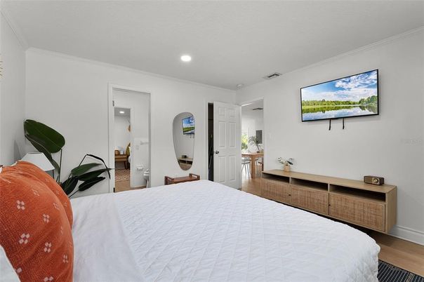 Bedroom, Interior, Recessed Lighting, Wood Texture Flooring