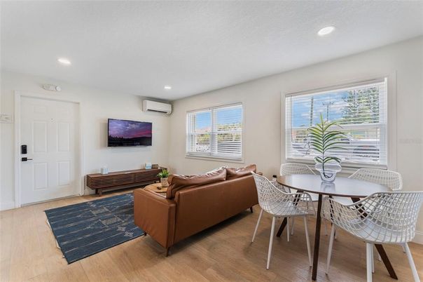 Dining room, Interior, Living room, Recessed Lighting, Wood Texture Flooring