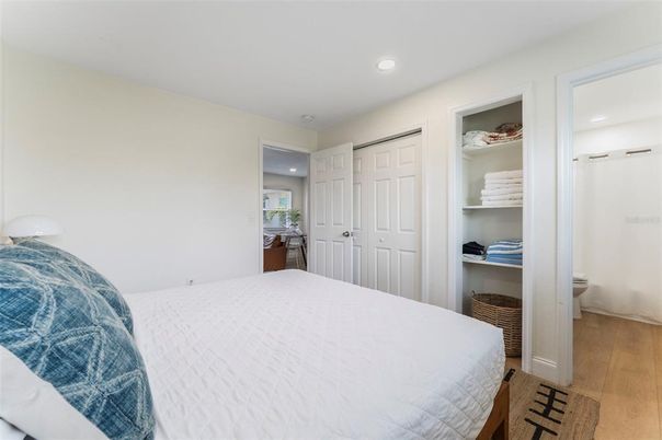 Bedroom, Interior, Recessed Lighting, Wood Texture Flooring