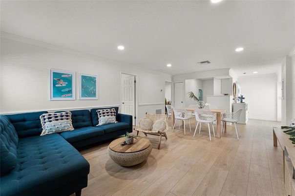 Dining room, Interior, Living room, Recessed Lighting, Wood Texture Flooring