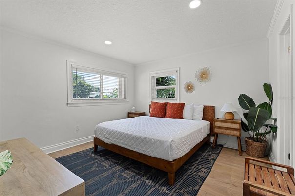 Bedroom, Interior, Recessed Lighting, Wood Texture Flooring
