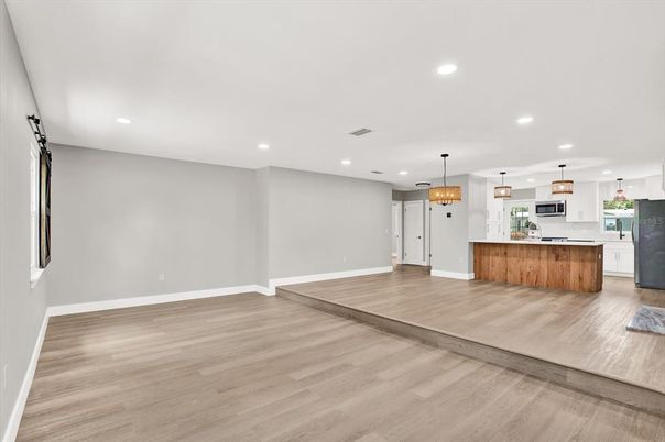 Empty room, Interior, Kitchen, Pendant Lights, Recessed Lighting, Wood Texture Flooring