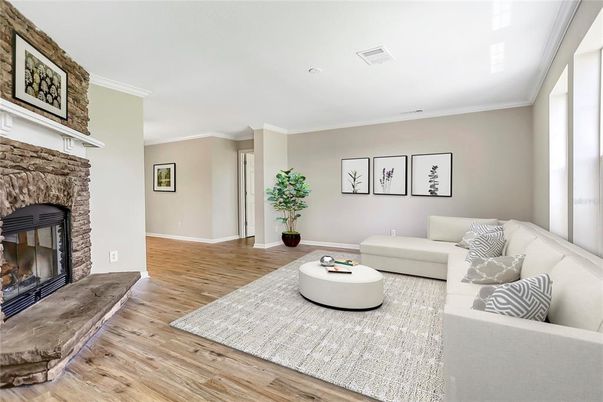 Fireplace, Interior, Living room, Recessed Lighting, Wood Texture Flooring