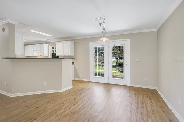 Empty room, Interior, Kitchen, Pendant Lights, Wood Texture Flooring