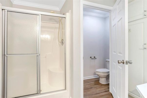 Bathroom, Glass Shower, Interior, Wood Texture Flooring