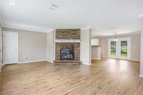 Empty room, Fireplace, Interior, Pendant Lights, Wood Texture Flooring