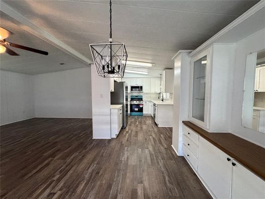 Interior, Kitchen, Pendant Lights, Stainless Steel Appliances, Wood Texture Flooring