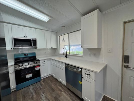 Interior, Kitchen, Pendant Lights, Stainless Steel Appliances, Wood Texture Flooring