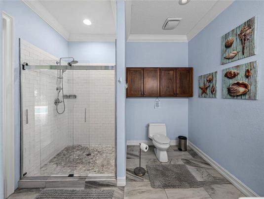 Bathroom, Glass Shower, Interior, Marble, Recessed Lighting