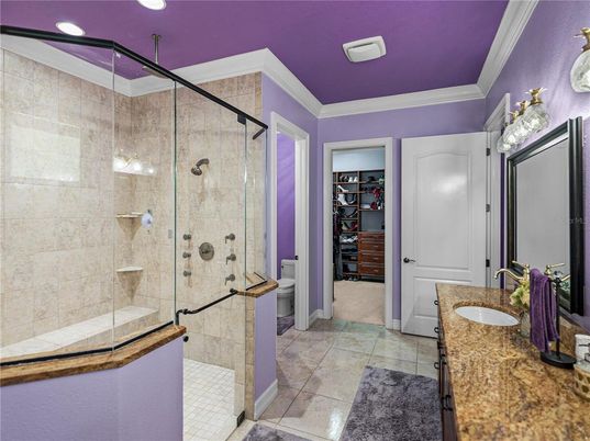 Bathroom, Dual Sink Vanities, Glass Shower, Interior, Recessed Lighting, Walk-in Closets