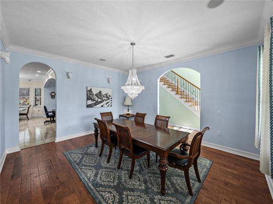 Chandelier, Dining room, Interior, Wood Texture Flooring