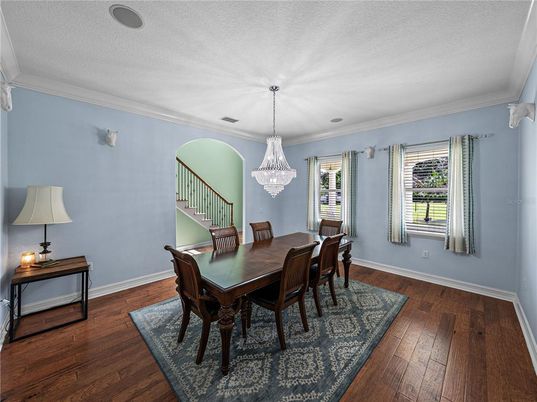 Chandelier, Dining room, Interior, Wood Texture Flooring