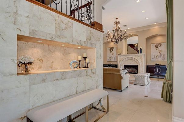 Chandelier, Fireplace, Interior, Living room, Marble Walls, Recessed Lighting