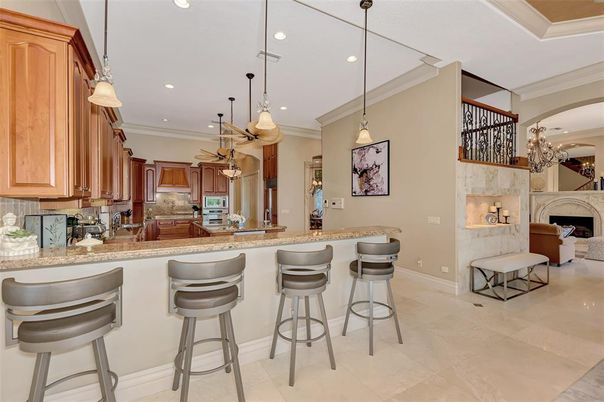 Chandelier, Fireplace, Interior, Kitchen, Pendant Lights, Recessed Lighting