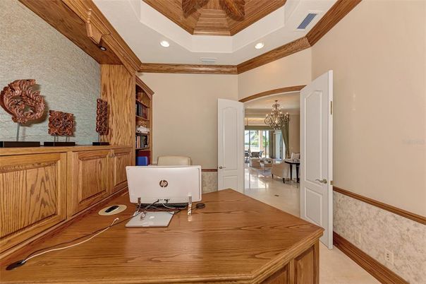 Chandelier, Home Office, Interior, Recessed Lighting, Wooden Ceilings