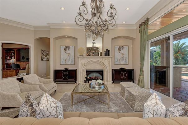 Chandelier, Fireplace, Interior, Living room, Recessed Lighting