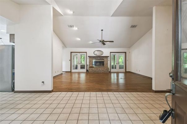 Empty room, Fireplace, Interior, Recessed Lighting, Wood Texture Flooring