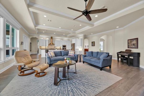 Interior, Kitchen, Living room, Piano, Recessed Lighting, Stainless Steel Appliances, Wood Texture Flooring