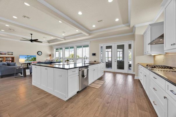 Interior, Kitchen, Living room, Recessed Lighting, Stainless Steel Appliances, Wood Texture Flooring