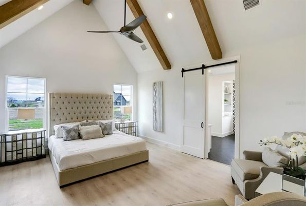 Bedroom, Interior, Recessed Lighting, Wooden Beams, Wood Texture Flooring