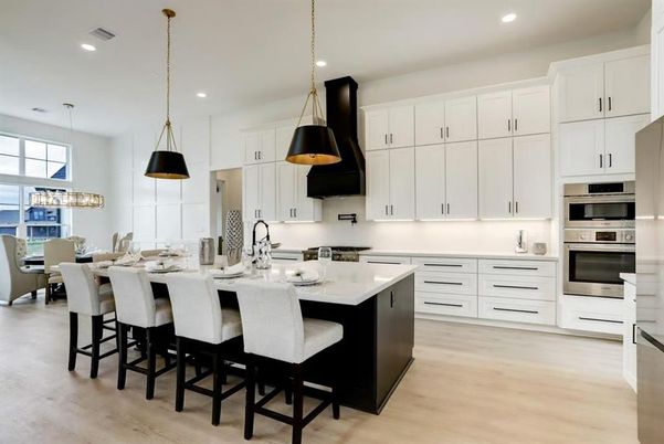 Dining room, Interior, Kitchen, Pendant Lights, Recessed Lighting, Stainless Steel Appliances, Water, Wood Texture Flooring