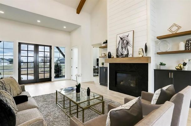Fireplace, Interior, Living room, Recessed Lighting, Wood Texture Flooring