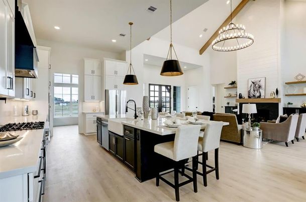 Chandelier, Dining room, Fireplace, Interior, Kitchen, Living room, Pendant Lights, Recessed Lighting, Wood Texture Flooring