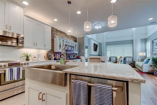 Interior, Kitchen, Living room, Pendant Lights, Recessed Lighting, Stainless Steel Appliances, Wood Texture Flooring