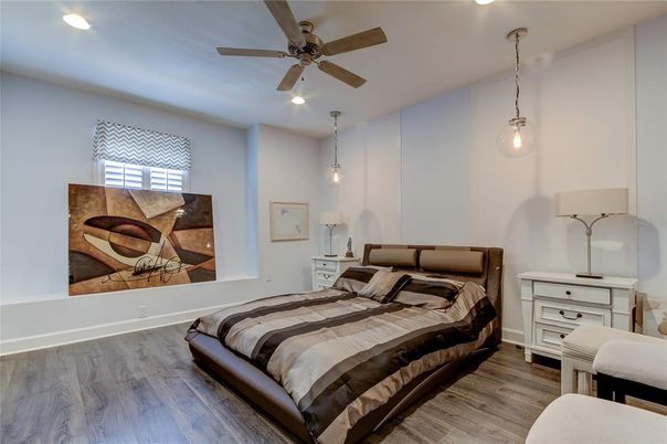 Bedroom, Interior, Pendant Lights, Recessed Lighting, Wood Texture Flooring