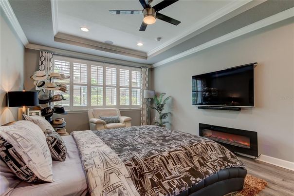 Bedroom, Fireplace, Interior, Recessed Lighting, Wood Texture Flooring