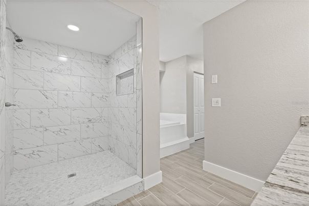 Bathroom, Interior, Marble Walls, Recessed Lighting, Wood Texture Flooring