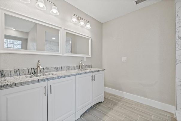 Bathroom, Dual Sink Vanities, Interior, Tile Countertops, Wood Texture Flooring