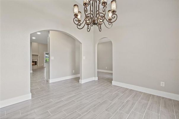 Chandelier, Empty room, Interior, Kitchen, Recessed Lighting, Wood Texture Flooring