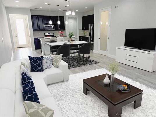 Dining room, Interior, Kitchen, Living room, Pendant Lights, Recessed Lighting, Stainless Steel Appliances, Wood Texture Flooring