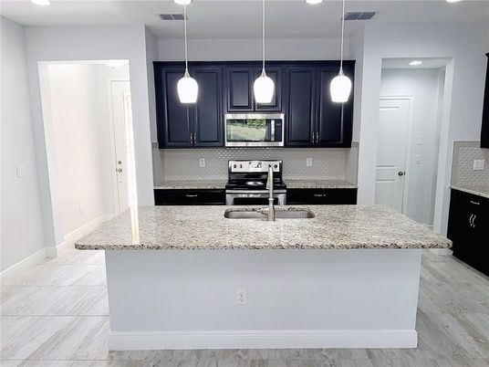 Interior, Kitchen, Marble, Pendant Lights, Recessed Lighting, Wood Texture Flooring