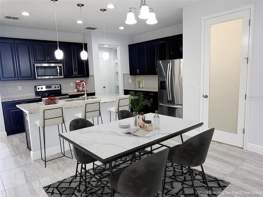 Interior, Kitchen, Marble, Pendant Lights, Recessed Lighting, Stainless Steel Appliances