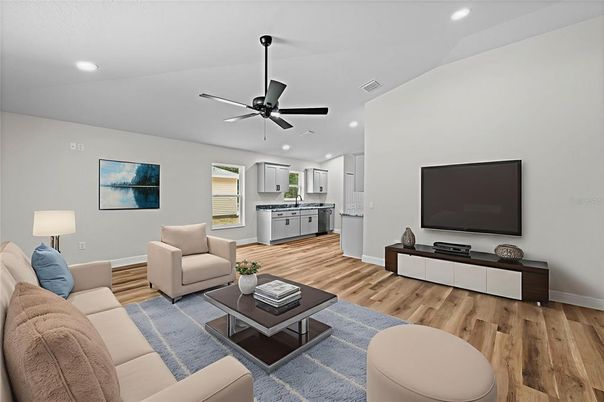 Interior, Kitchen, Living room, Recessed Lighting, Wood Texture Flooring