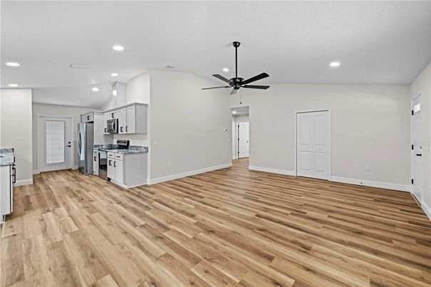 Empty room, Interior, Kitchen, Recessed Lighting, Wood Texture Flooring