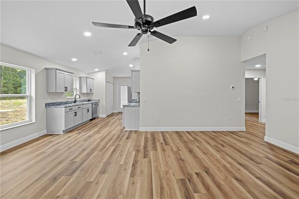 Empty room, Interior, Kitchen, Recessed Lighting, Wood Texture Flooring