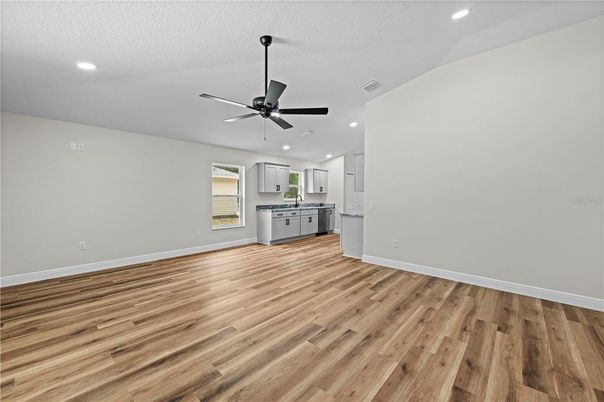 Empty room, Interior, Kitchen, Recessed Lighting, Wood Texture Flooring