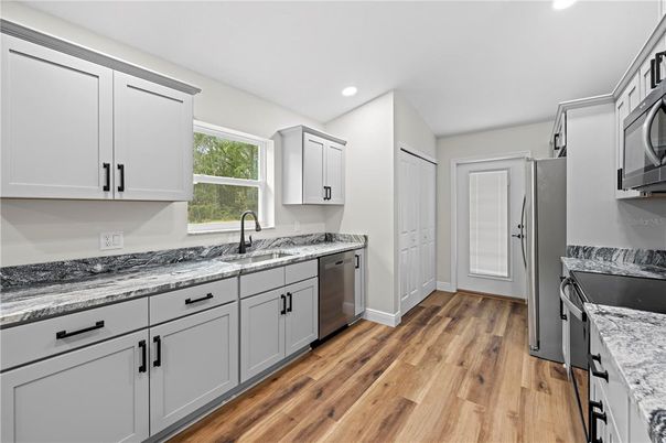 Interior, Kitchen, Recessed Lighting, Wood Texture Flooring