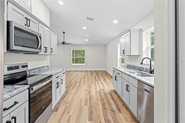 Interior, Kitchen, Recessed Lighting, Wood Texture Flooring